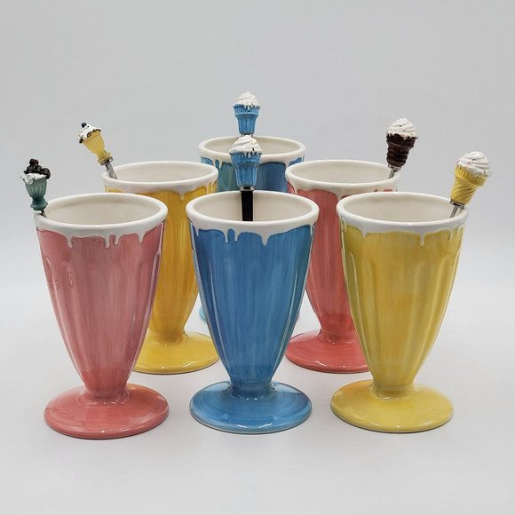 Pottery Barn Outlet Milkshake Ceramic Glass (6) & Spoons (6) - Picture 16 of 16